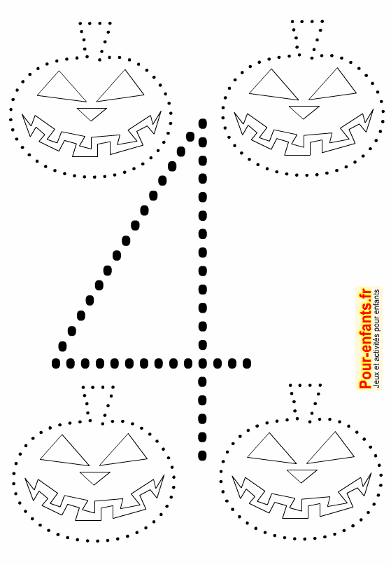 Point à point Halloween de citrouilles à imprimer. Quatre dessins en pointillés pour faire un jeu de points à relier. Chiffre 4 grande taille.