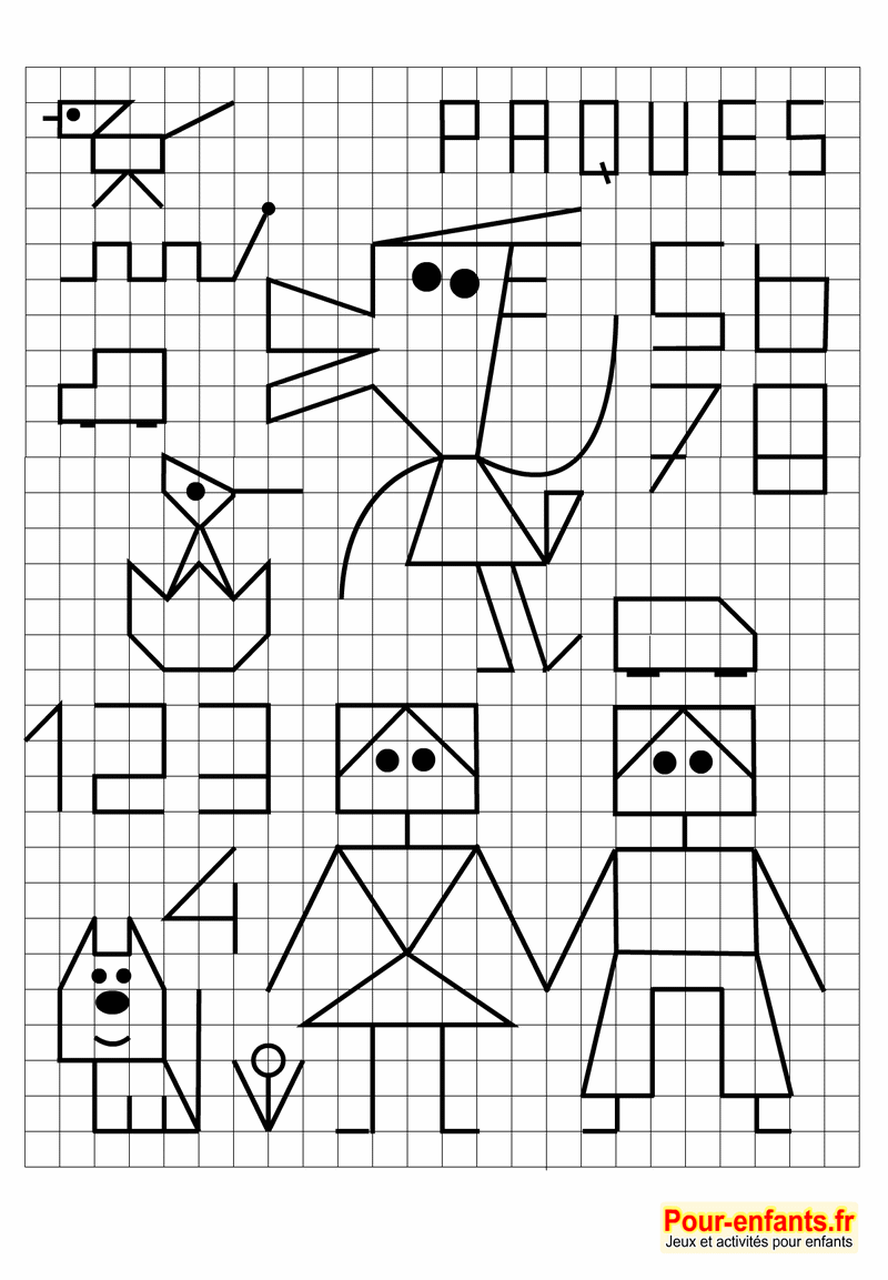 Pâques. Coloriages sur quadrillage de dessins aux formes géométriques. Canard enfants lapin papillon. Modèles pour faire de la reproduction sur quadrillage.