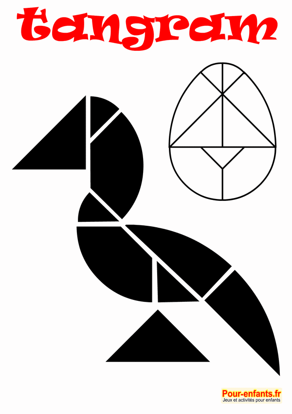Pâques. Jeu de tangram oeuf à imprimer en noir et blanc. Modèles d'oiseau et oeuf. Pour enfants.