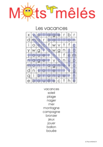 Mots cachés de vacances à imprimer. Solution.