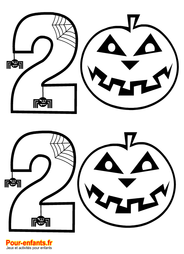 Halloween 2020. Date à imprimer. Dessin pour coloriage de citrouilles et chiffres.