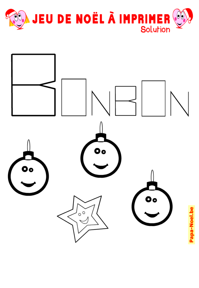 Solution. Jeu de NOEL à imprimer. Lettres à découvrir . Mot à remettre en ordre. Gratuit.