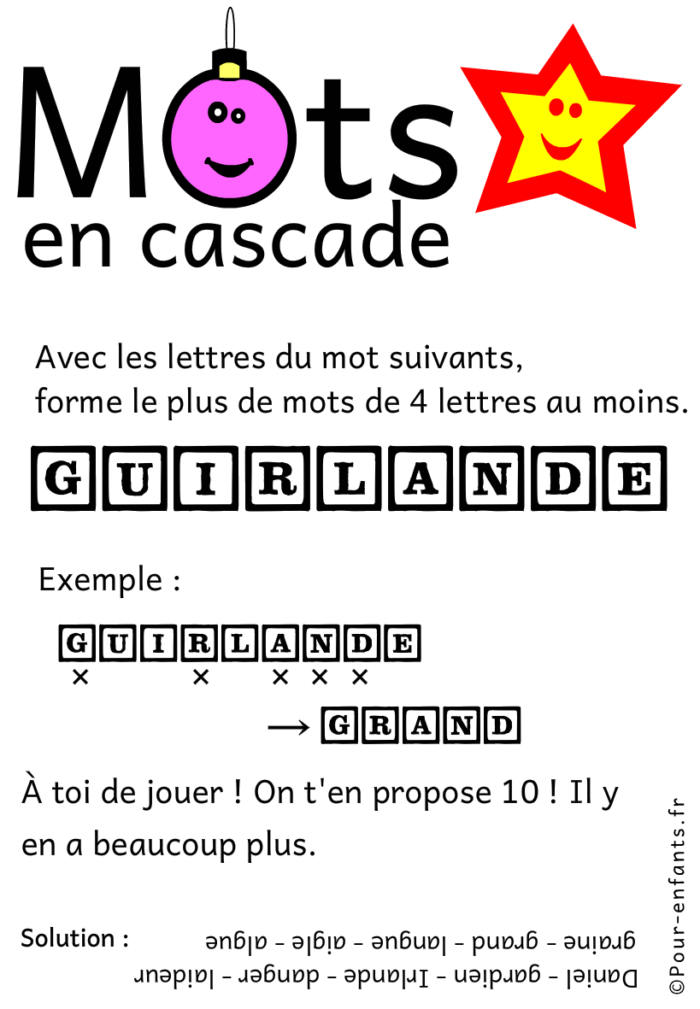 Jeux de lettres et jeux de mots pour noel. Mots en cascade. Guirlande.