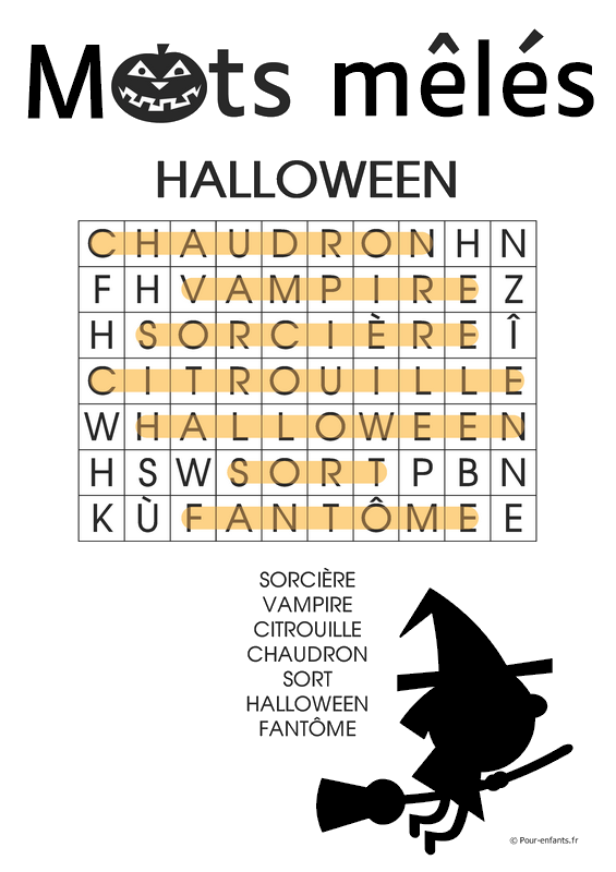 Mots mêlés Halloween enfants à imprimer. Jeu de mots cachés ou mélangés.