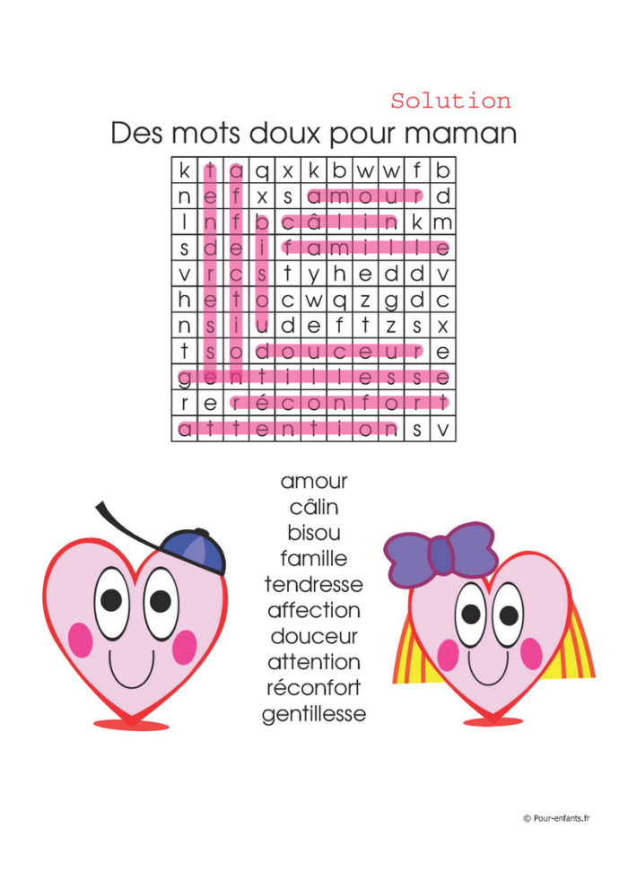 Mots cachés fête des mères à imprimer. Jeu enfants. Thème : amour mots doux pour fêter maman.