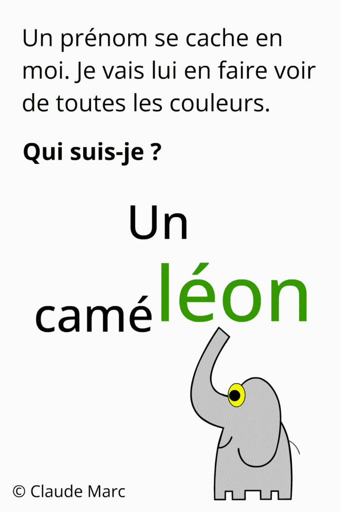 Devinette qui suis-je pour adultes. Un caméléon. Humour. Jeux de mots et lettres.