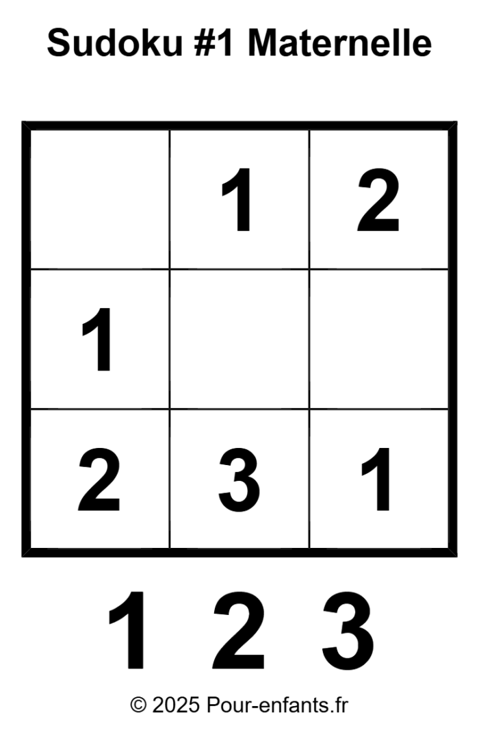 Sudoku facile à imprimer enfants maternelle gs cp.