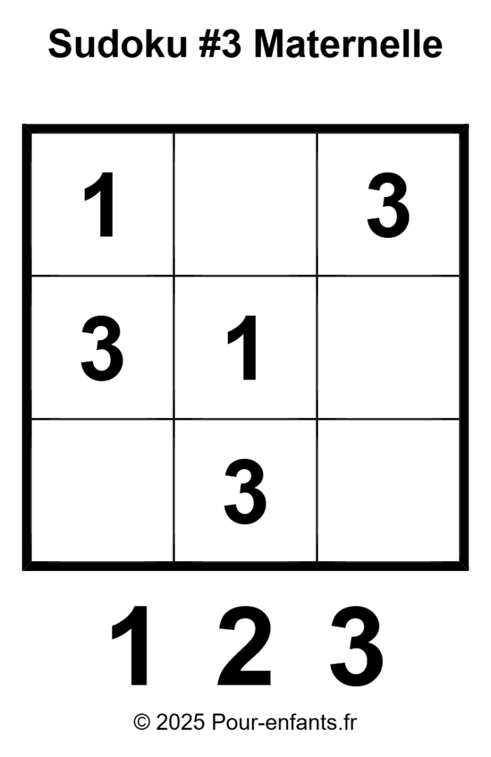 Sudoku facile pour enfants de maternelle à imprimer.