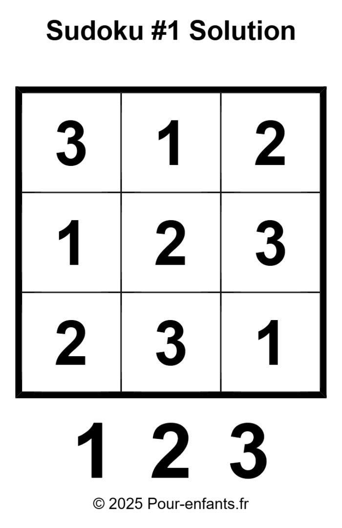 Sudoku facile maternelle à imprimer. Gratuit. Solution.