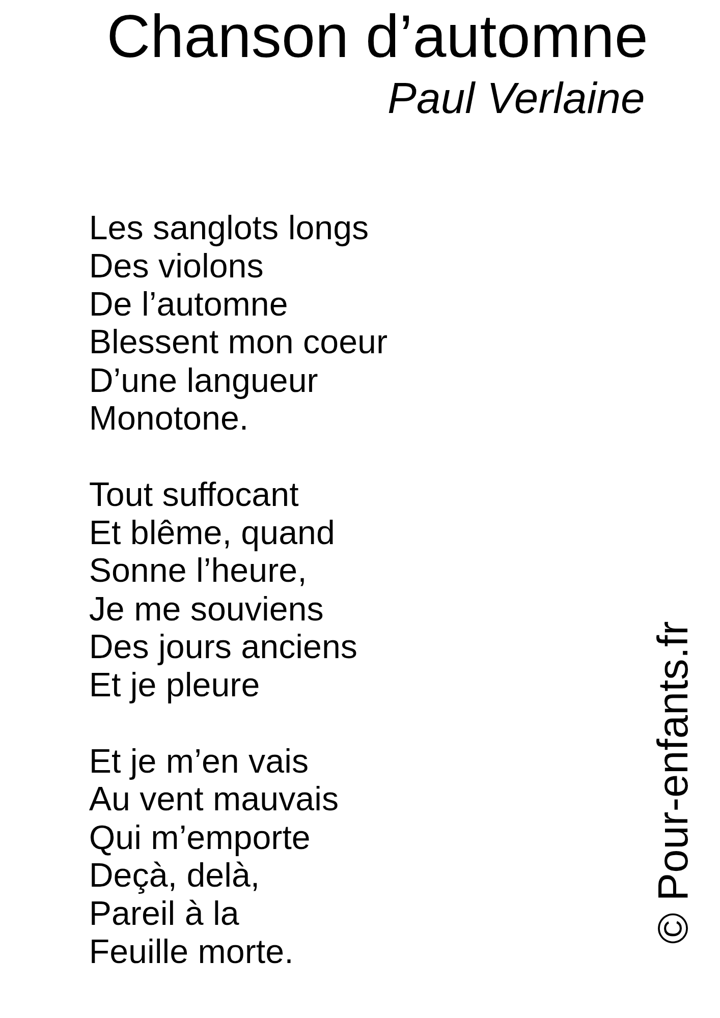 Texte poème court. Verlaine. Chanson d'automne. À imprimer.