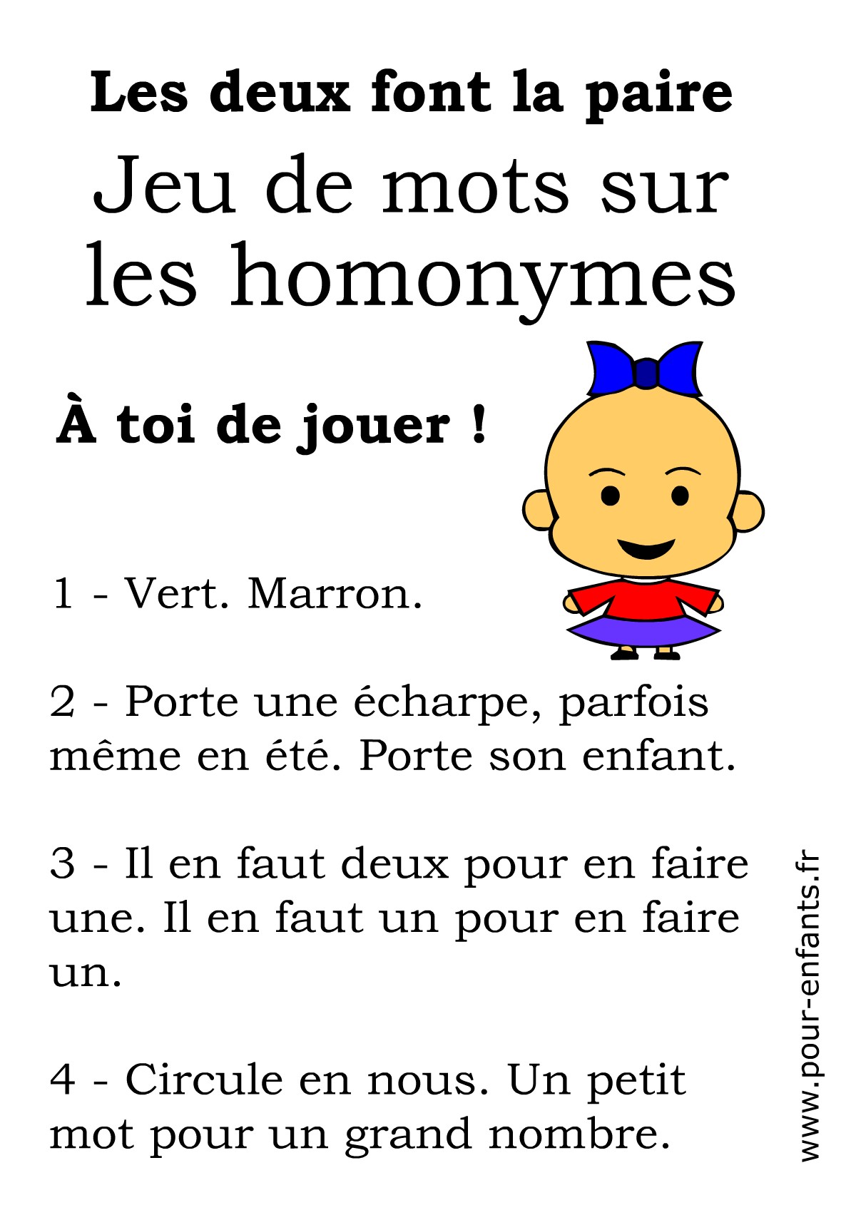 Jeux sur les homonymes à imprimer pour enfants