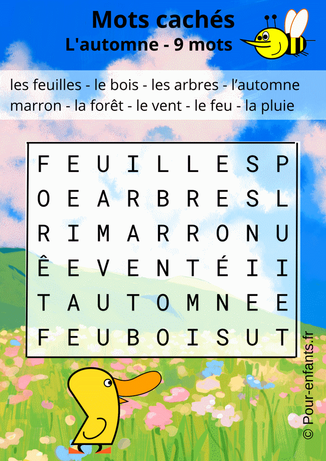 Grille de mots cachés en couleur sur le thème de l’automne