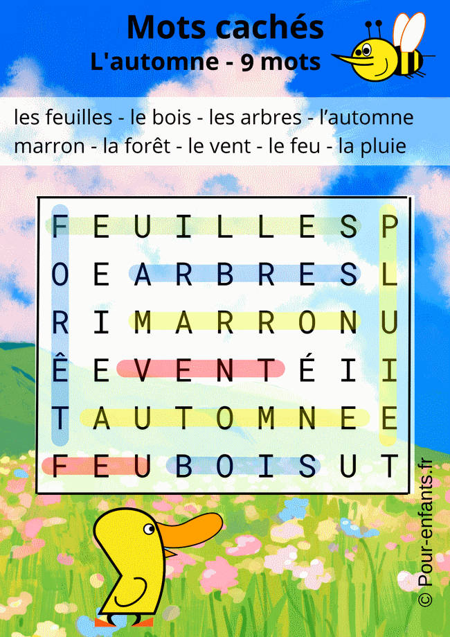 Solution de la grille de mots cachés automne