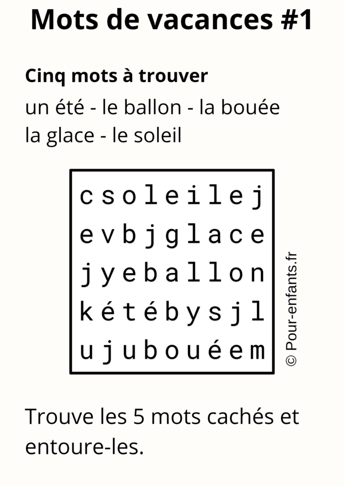 Mots cachés de vacances faciles pour cp. 5 mots à. trouver : soleil glace été