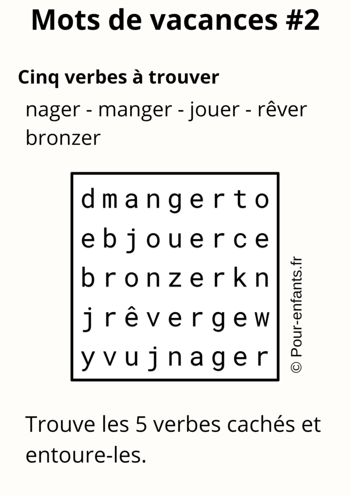 Mots cachés de vacances faciles pour cp. 5 verbes à. trouver : manger jouer bronzer