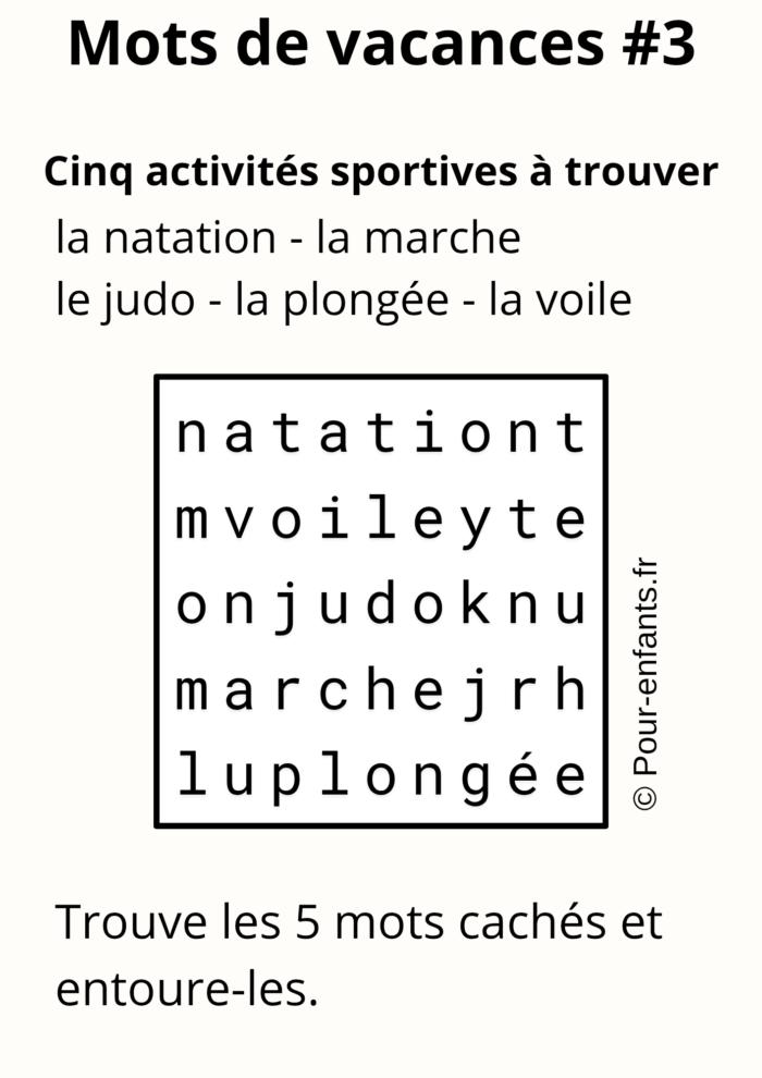 Mots cachés de vacances faciles pour cp. 5 mots à. trouver sur le thème des activités sportives.