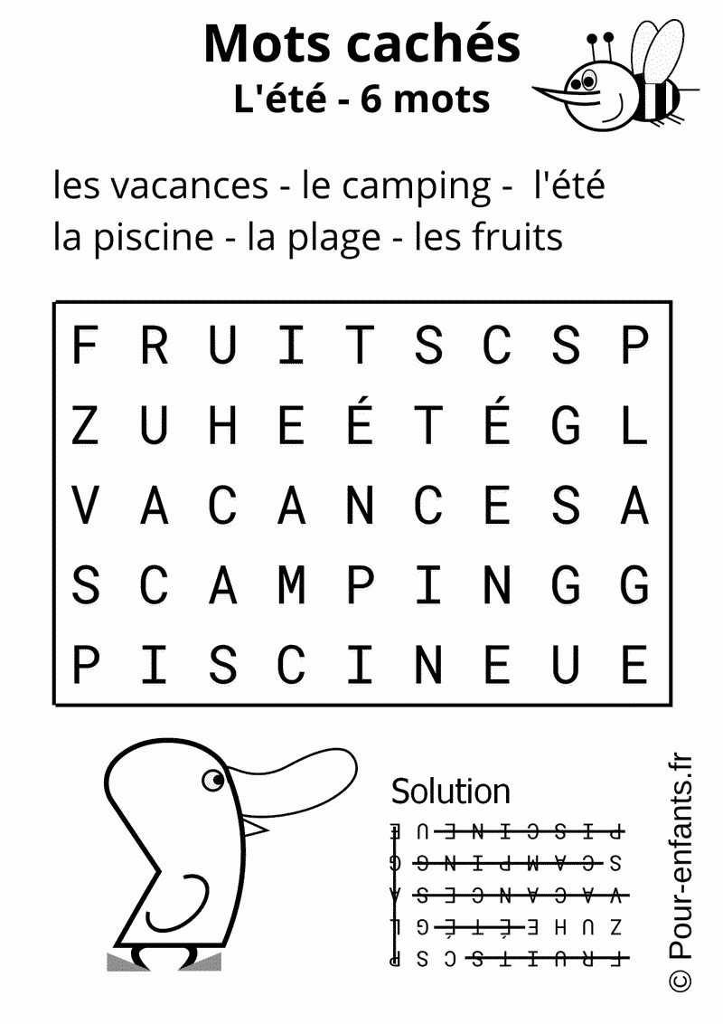 Mots cachés été pour enfants à imprimer et colorier