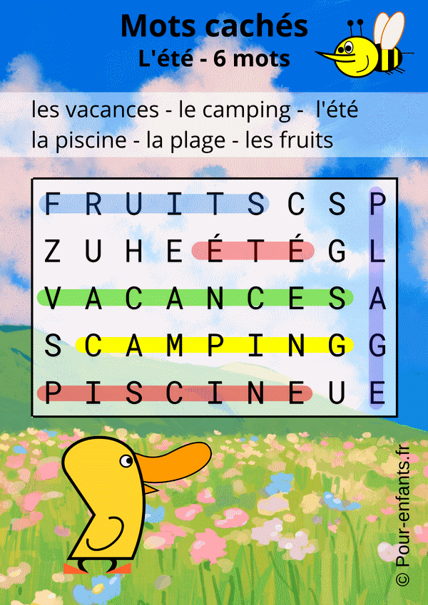 Mots cachés été pour enfants. Solution.