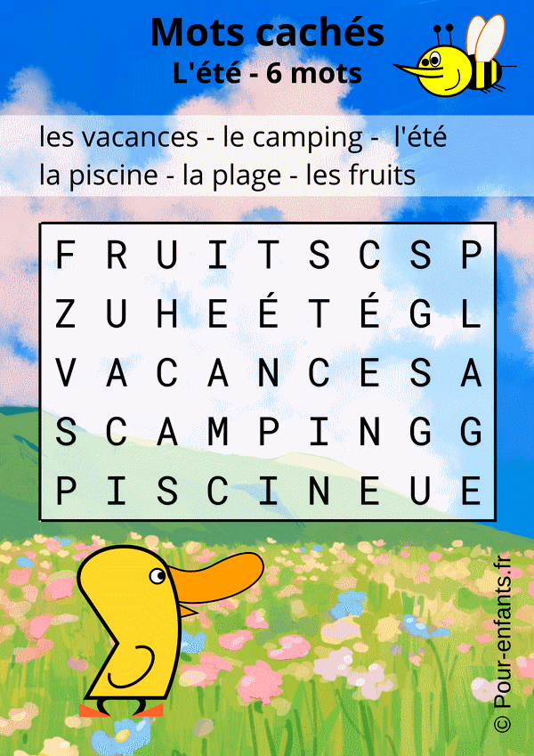 Mots cachés été pour enfants à imprimer