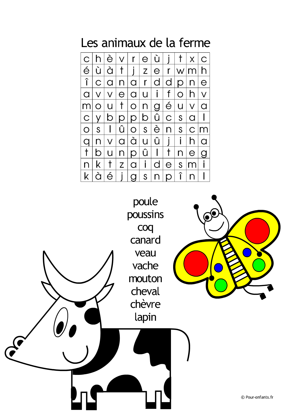 Mots cachés animaux de la ferme à imprimer