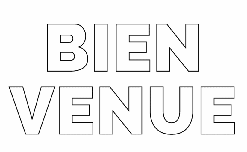 Bienvenue, mot à colorier. Un coloriage de mot imprimable en grandes lettres majuscules.