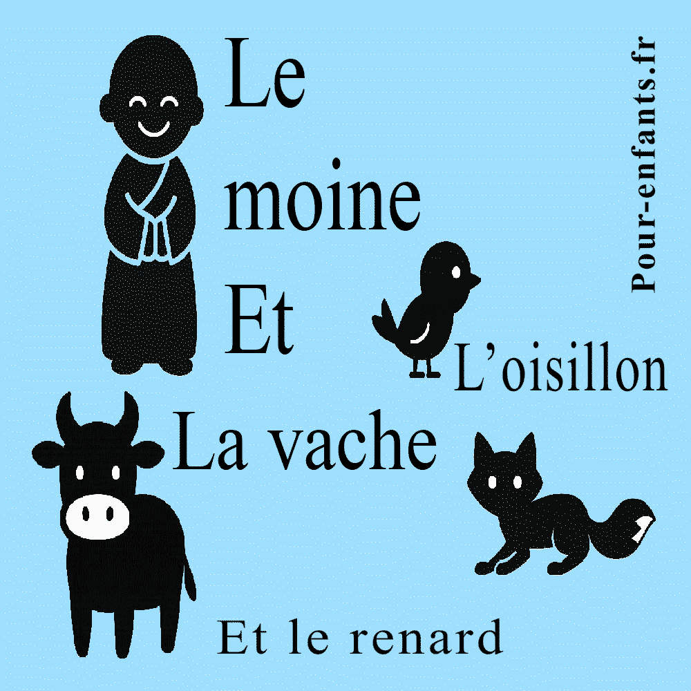 Illustration d'une fable pour enfants traditionnelle. Le moine, l'oisillon, la vache et le renard.