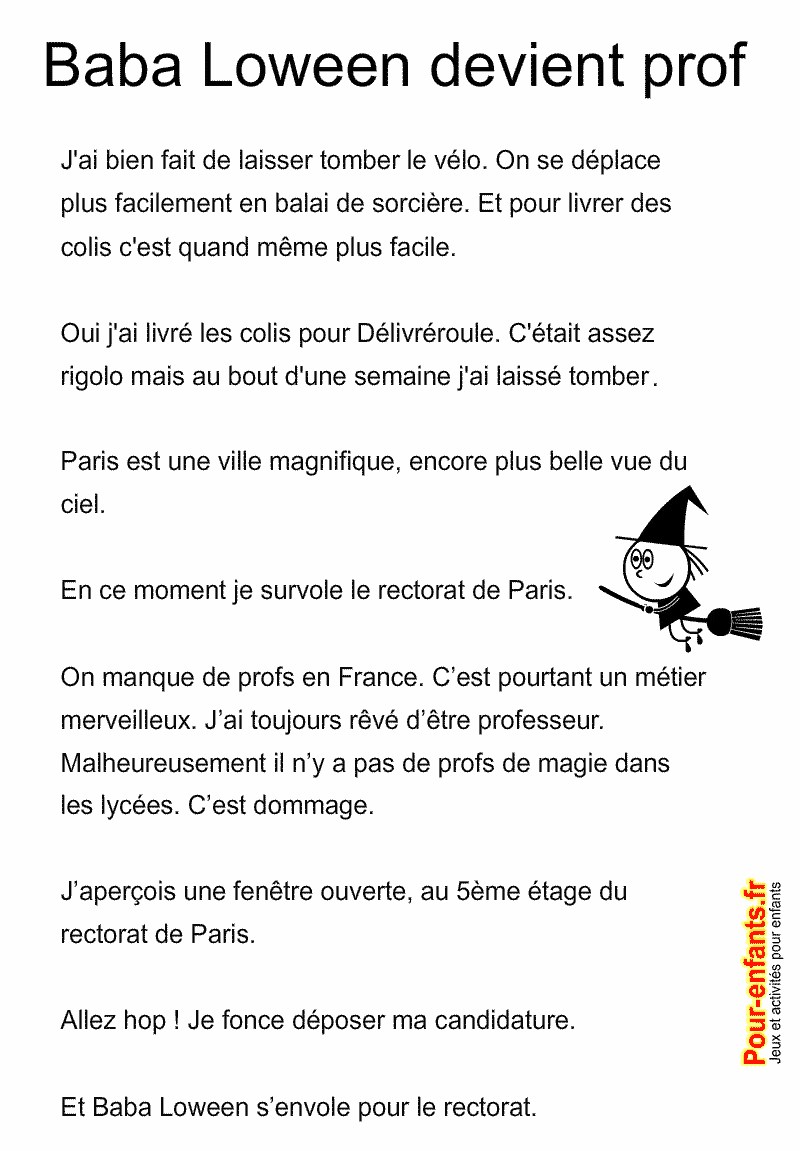 Histoire d'Halloween enfants. Baba Loween devient professeur. Texte court à imprimer.